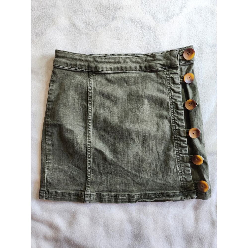 Free People Little Daisies Olive Green Mini Skirt Button Down Size 0 26" Waist